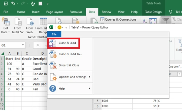 Close and load in excel