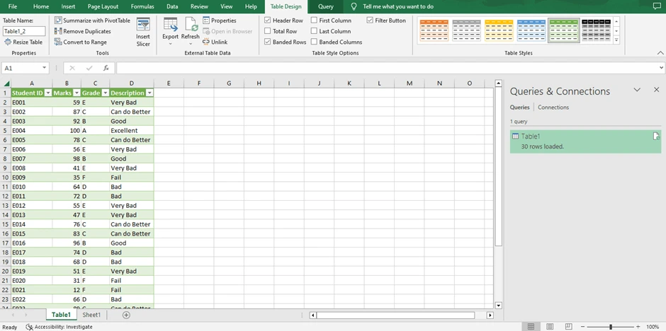 Final power query out in excel workbook